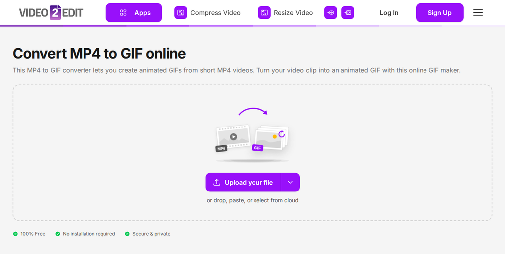 Video2Edit üzerindeki MP4'ü GIF'e dönüştür sayfası, "Dosyanızı yükleyin" düğmesini gösteriyor