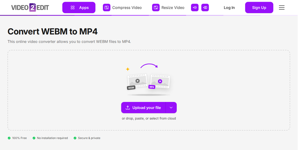 Video2Edit üzerindeki WEBM'i MP4'e dönüştür sayfası, "Dosyanızı yükleyin" düğmesini gösteriyor
